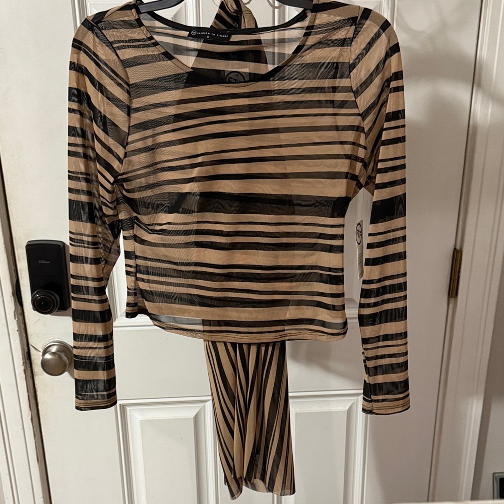 Striped Sheer Long Sleeve Top and Skirt Set